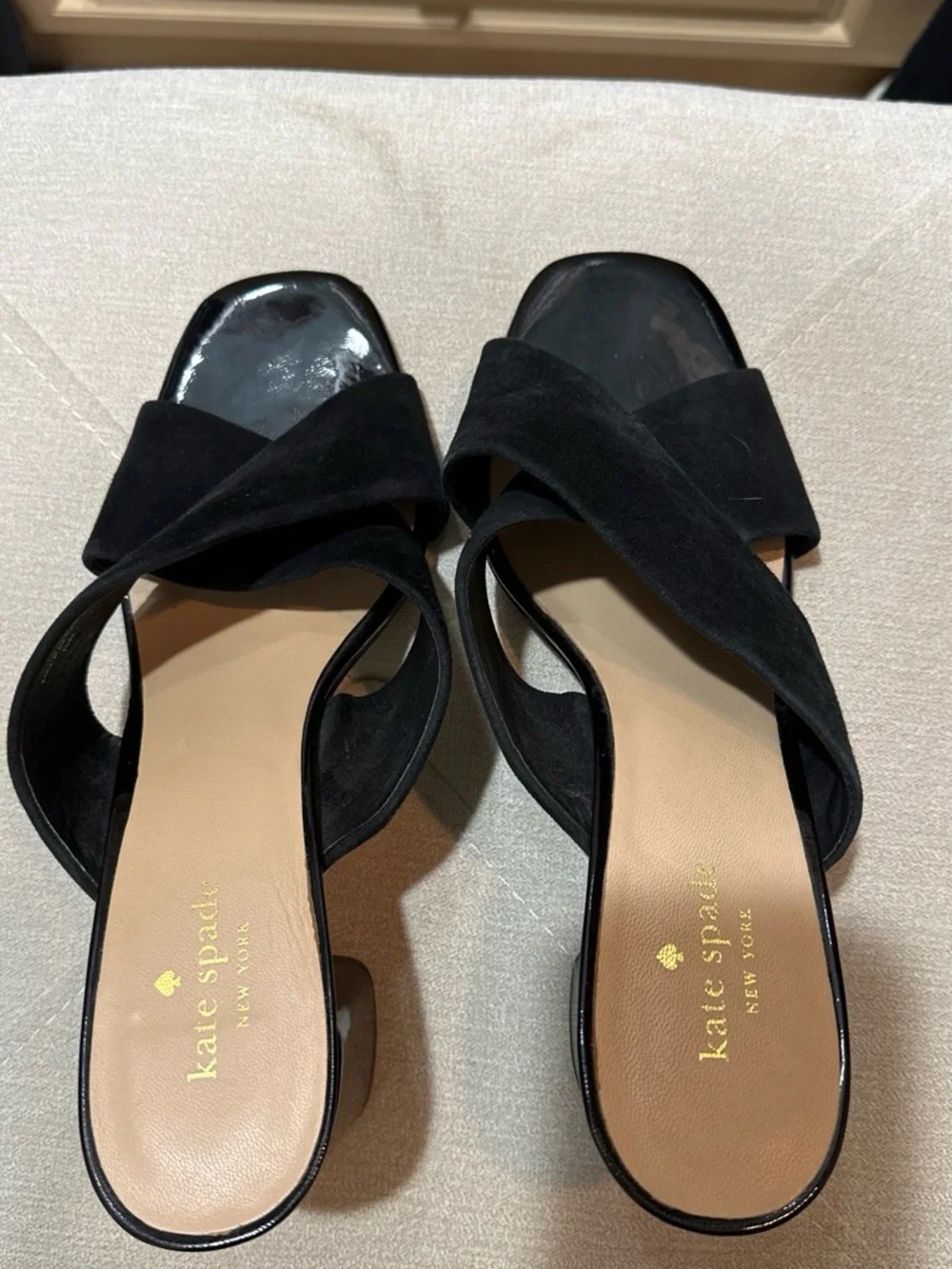kate spade Black Suede Crisscross Block Heel Mules